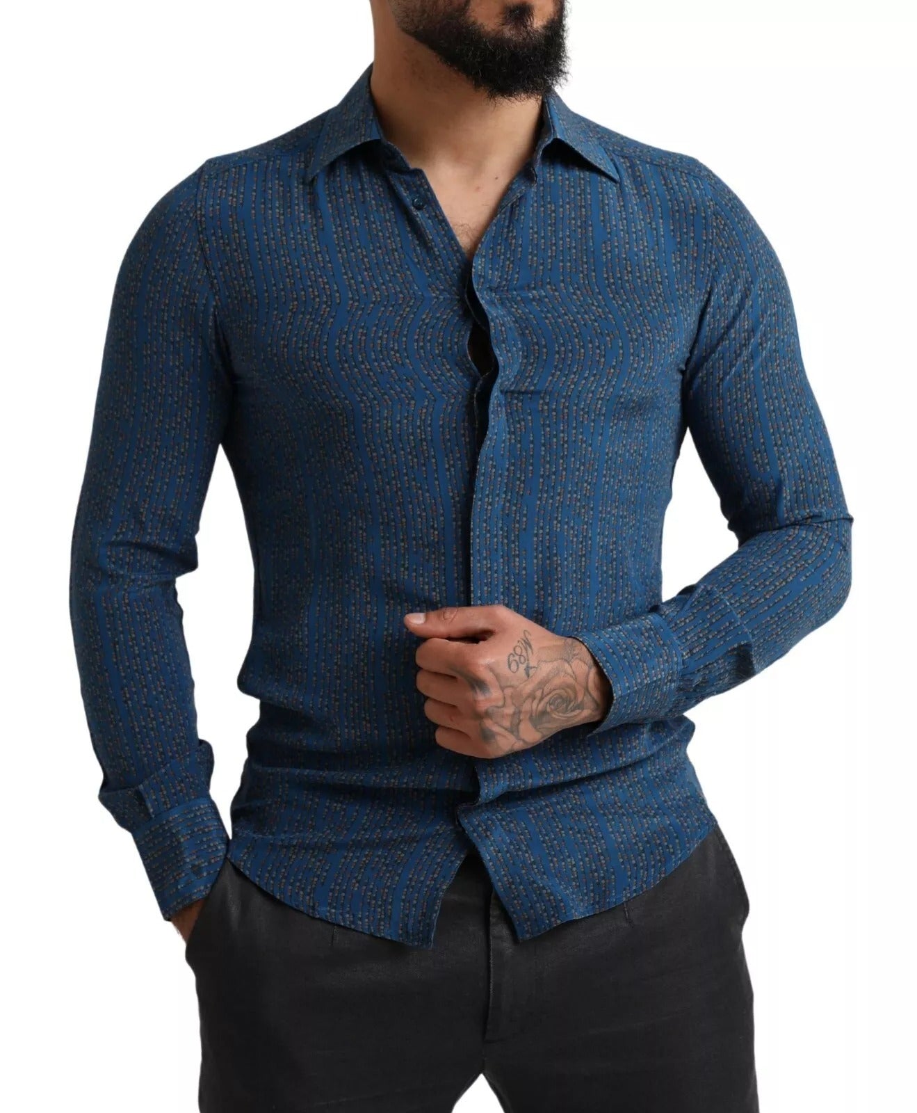 Dolce & Gabbana Blue MARTINI silk shirt with long sleeves and slim fit